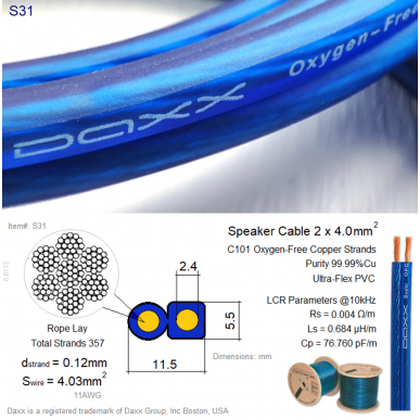 Акустический кабель DAXX S31 11AWG 4.0 мм.кв 2 метра